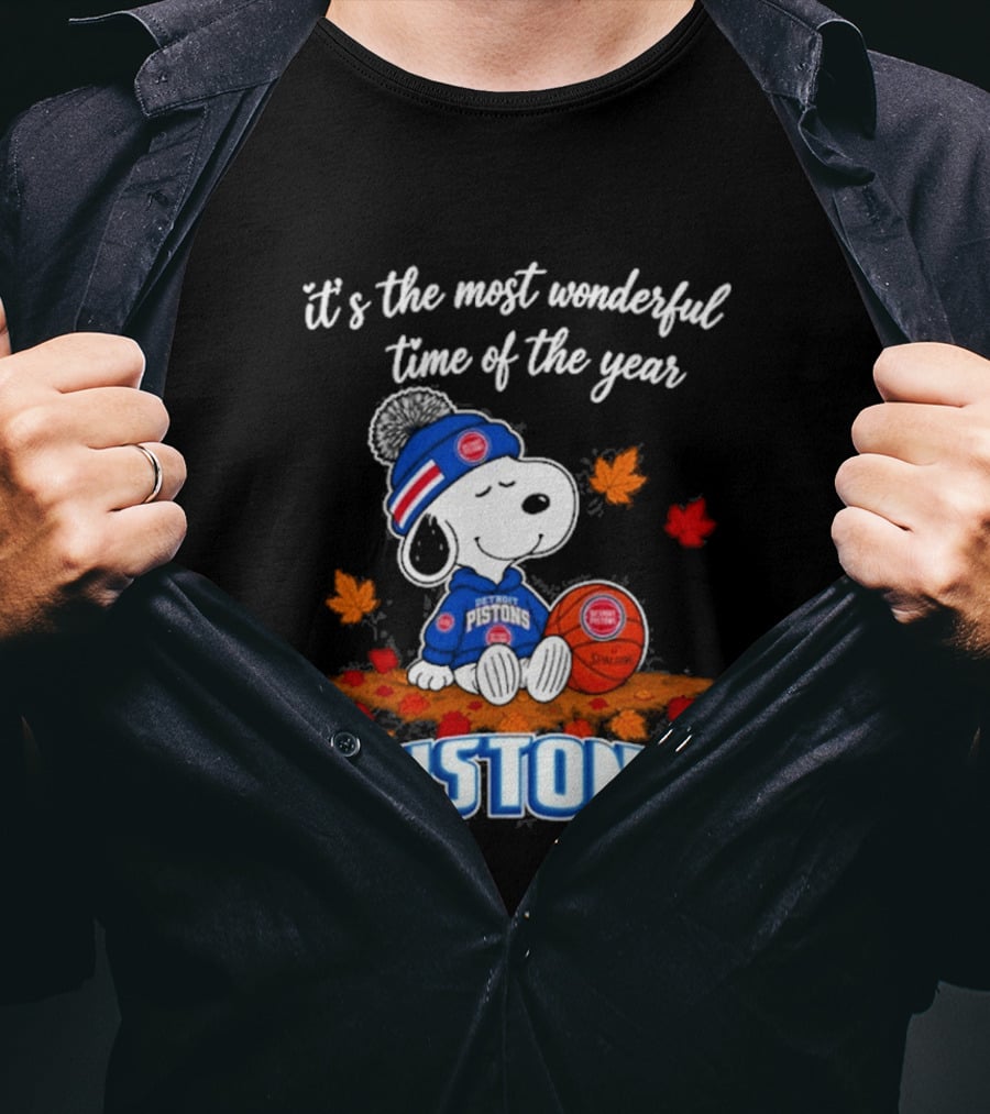 Detroit Pistons Snoopy Autumn Football It's The Most Wonderful Time Of The Year T-Shirt