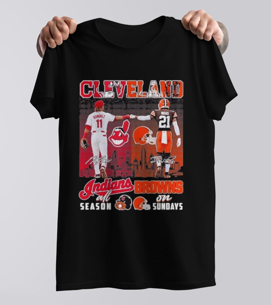 Cleveland José Ramírez Fist Bump Denzel Ward Indians All Season Browns On Sundays City Skyline T-Shirt
