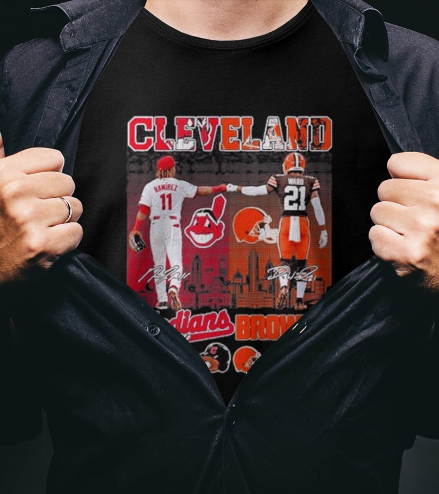 Cleveland José Ramírez Fist Bump Denzel Ward Indians All Season Browns On Sundays City Skyline T-Shirt