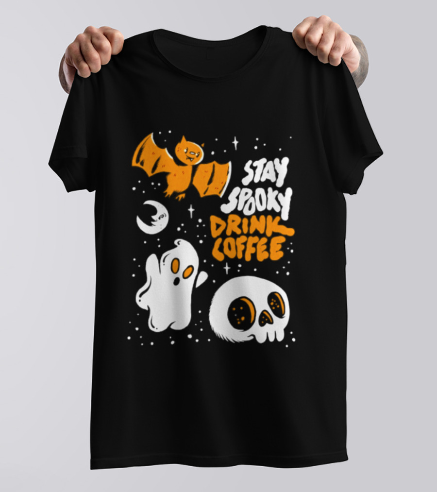 Stay Spooky Drink Coffee Halloween Ghost With Bat Skull And Moon T-Shirt