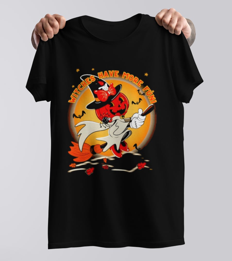 Witches Have More Fun Pumpkin Witch Riding Broomstick Halloween Magic T-Shirt