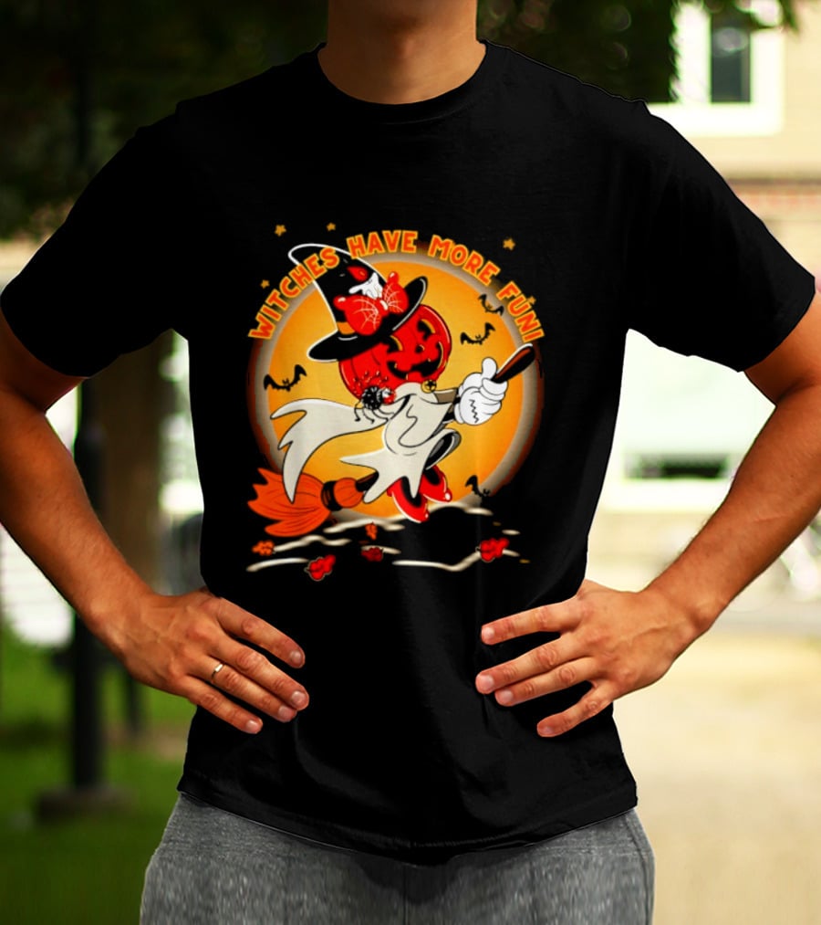 Witches Have More Fun Pumpkin Witch Riding Broomstick Halloween Magic T-Shirt