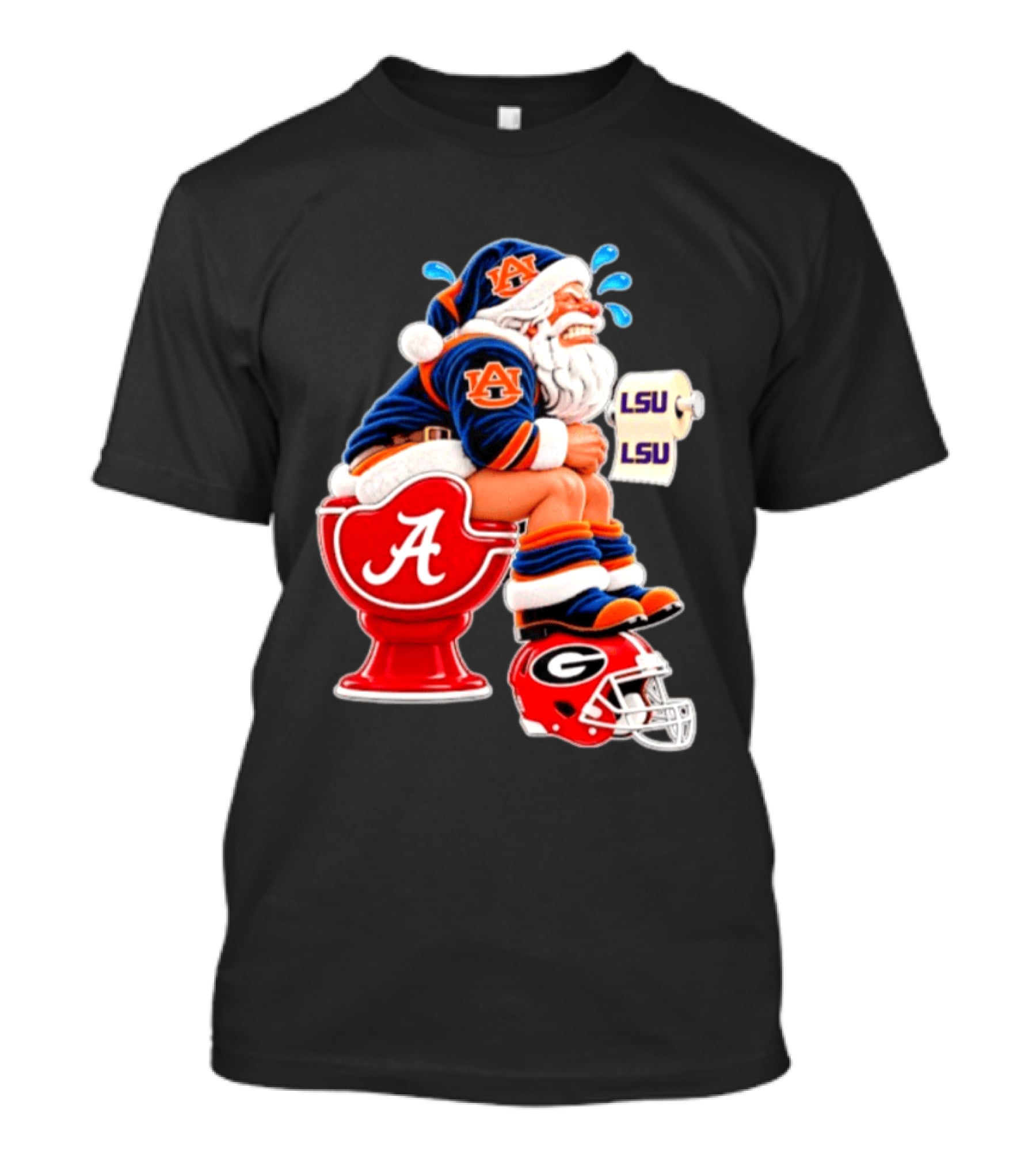 Auburn Santa On Alabama Crimson Tide Toilet With LSU Paper Georgia Bulldogs Helmet Football Humor T-Shirt