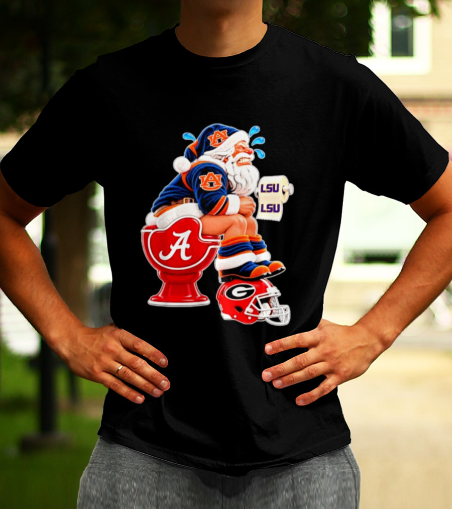 Auburn Santa On Alabama Crimson Tide Toilet With LSU Paper Georgia Bulldogs Helmet Football Humor T-Shirt