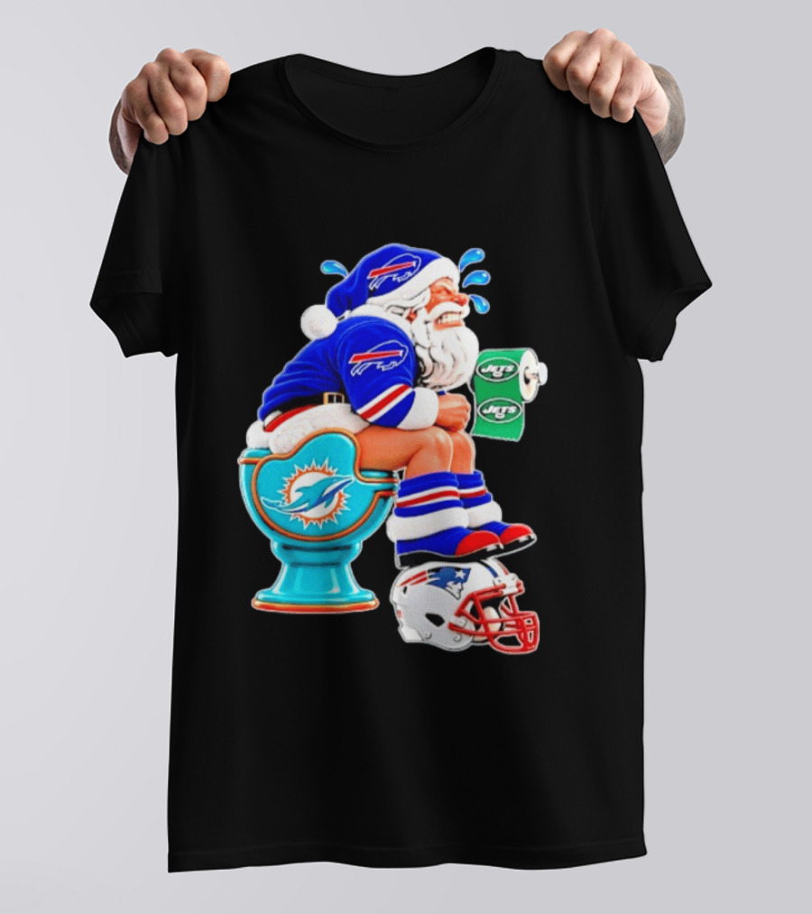 Buffalo Bills Santa On Miami Dolphins Toilet With NY Jets Paper And Patriots Helmet T-Shirt