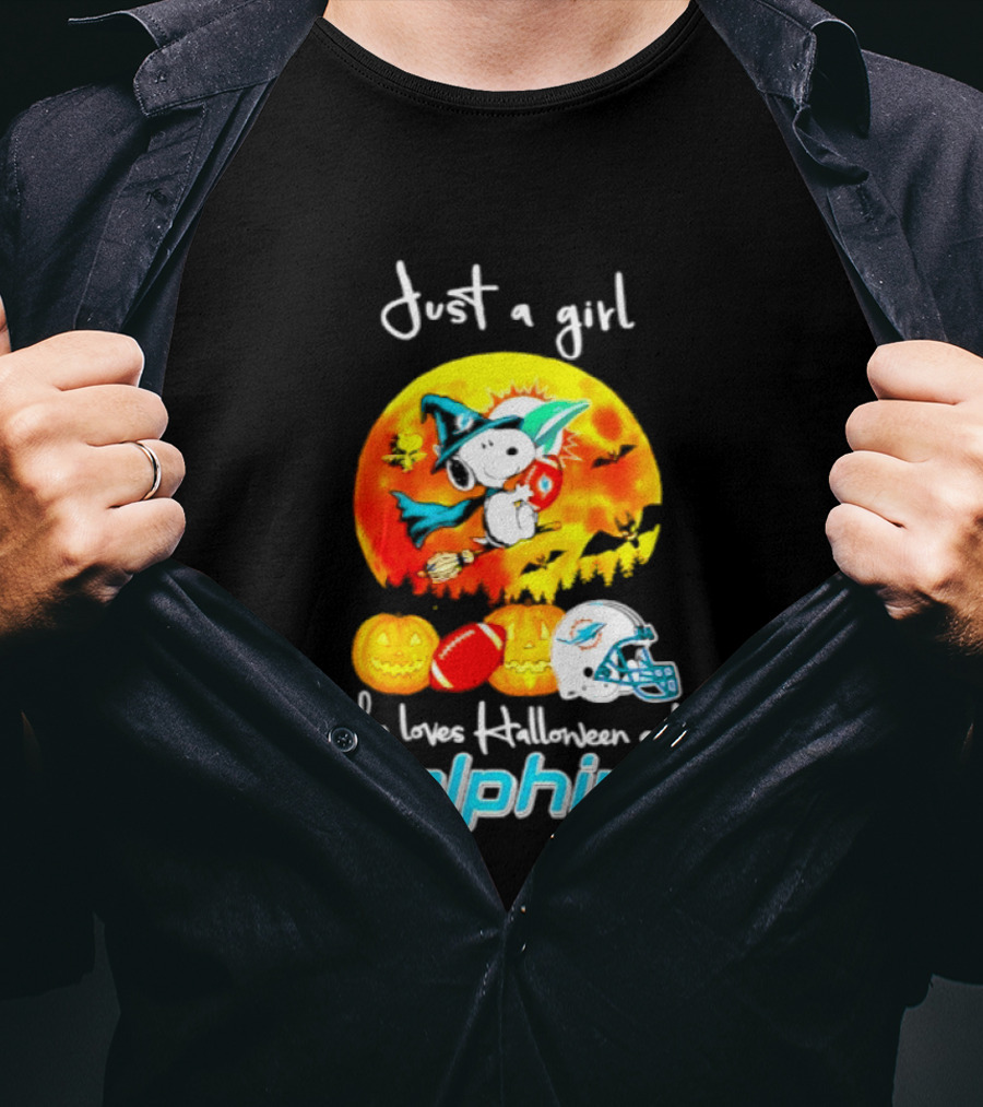 Just A Girl Who Loves Halloween And Miami Dolphins Snoopy Woodstock Pumpkin Football T-Shirt