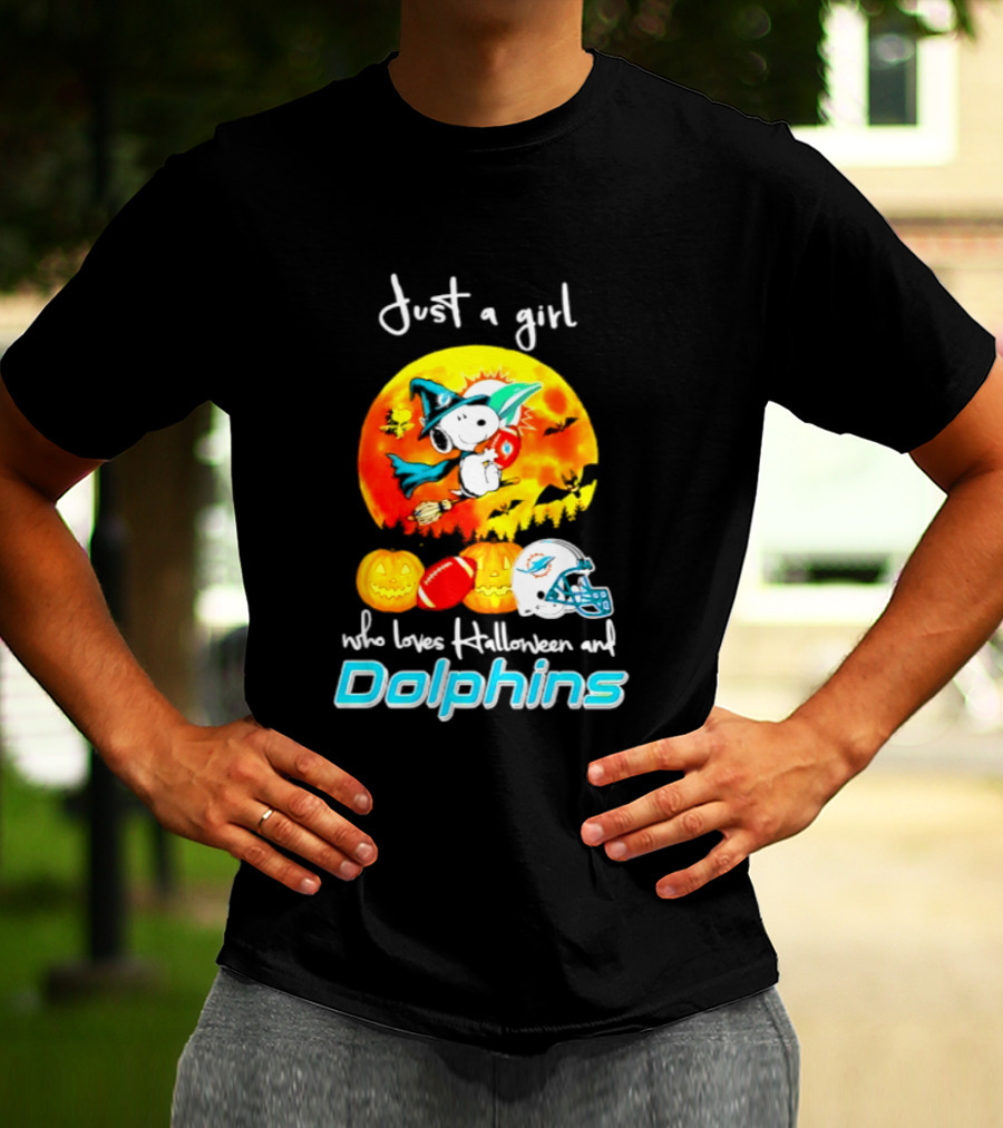 Just A Girl Who Loves Halloween And Miami Dolphins Snoopy Woodstock Pumpkin Football T-Shirt