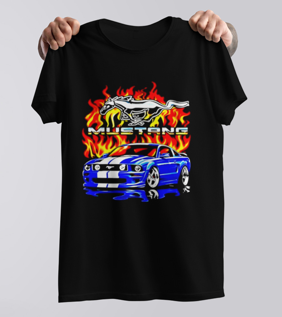 Mustang Blue Car With Flaming Horse And Fire T-Shirt