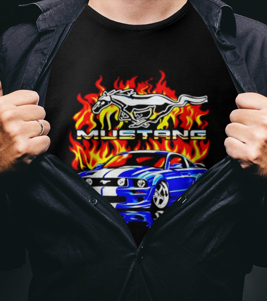 Mustang Blue Car With Flaming Horse And Fire T-Shirt