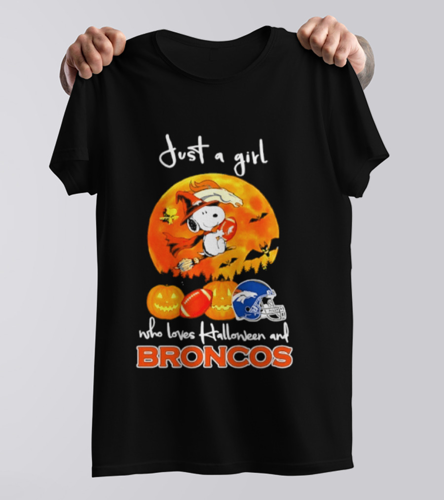 Just A Girl Who Loves Halloween And Broncos Football With Snoopy And Woodstock In Pumpkin T-Shirt