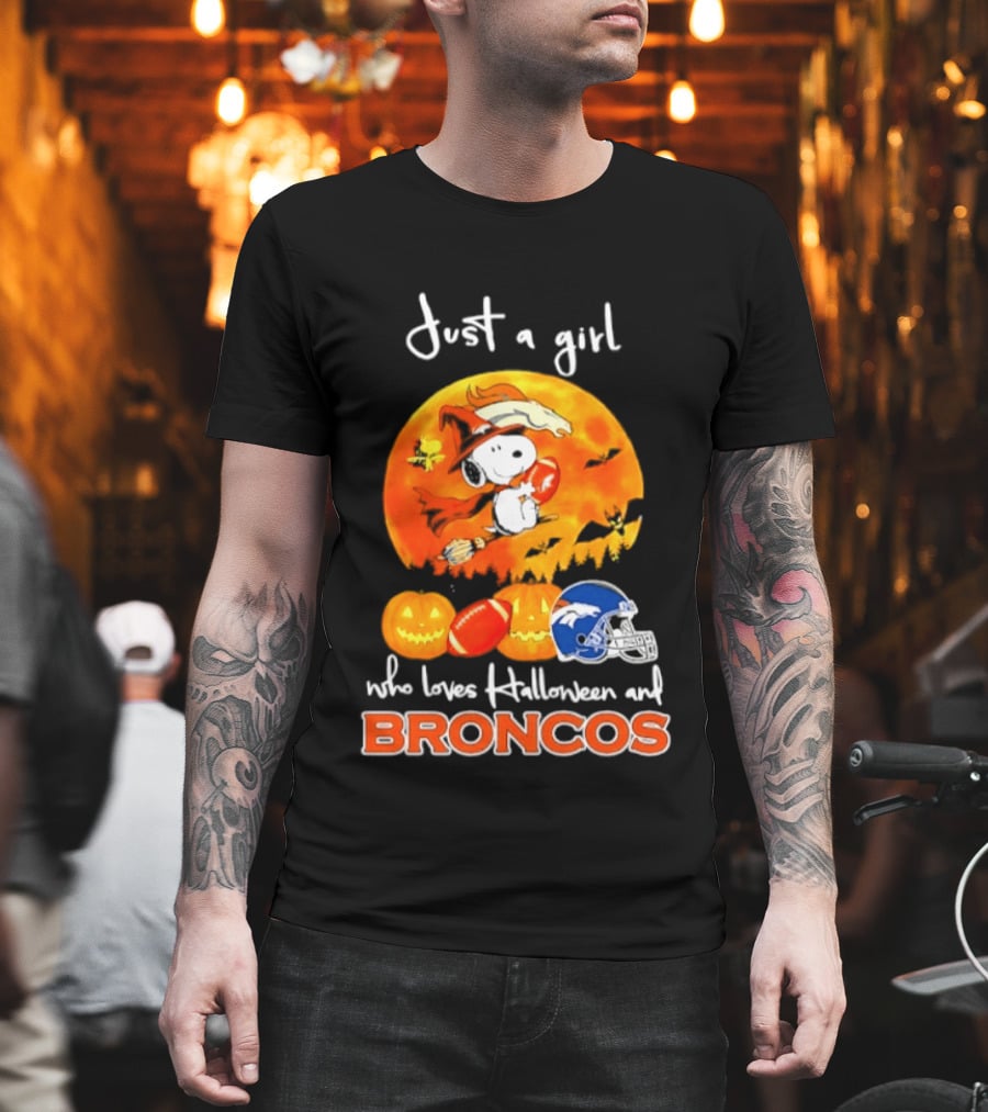 Just A Girl Who Loves Halloween And Broncos Football With Snoopy And Woodstock In Pumpkin T-Shirt