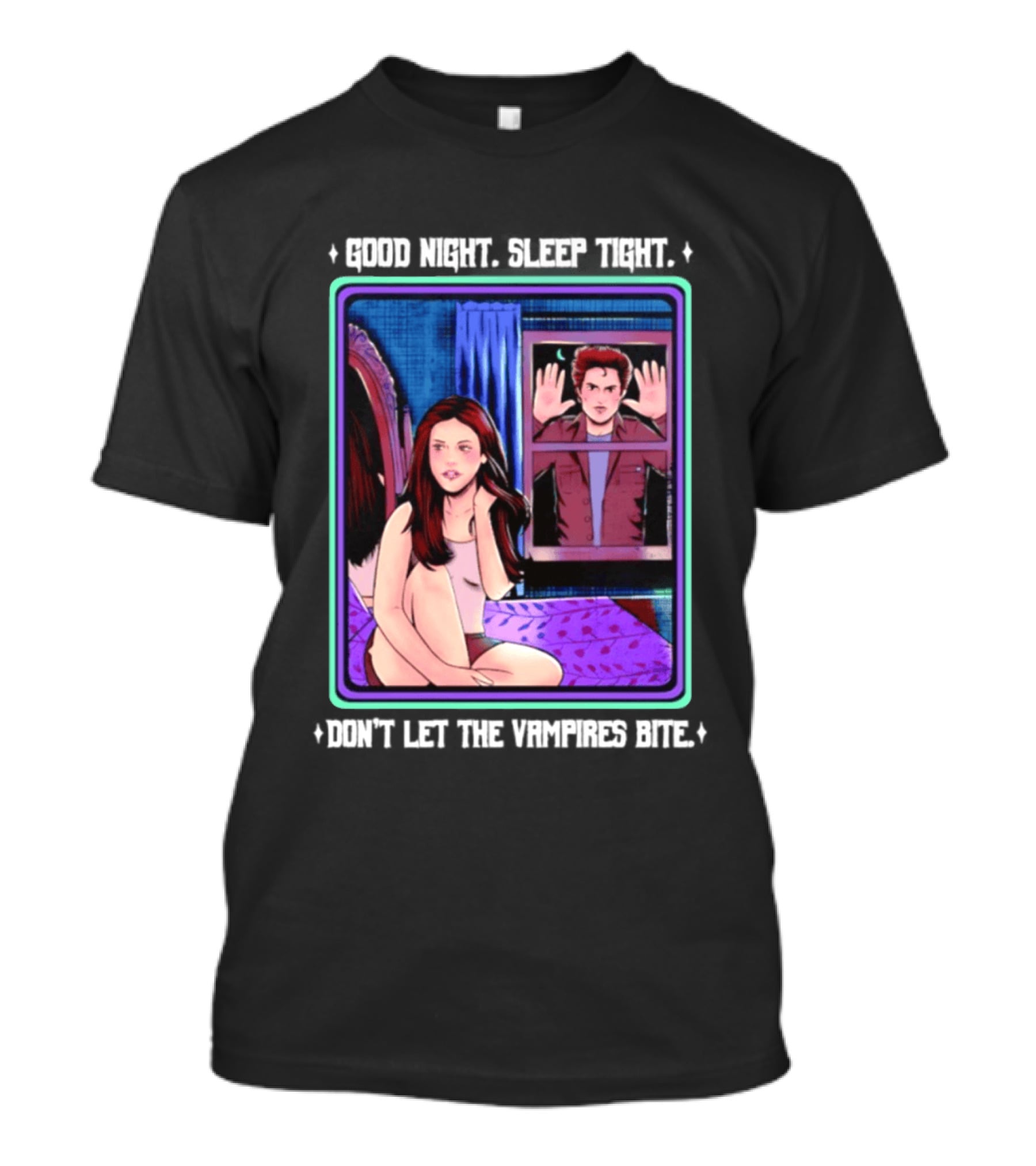 Good Night Sleep Tight Don't Let The Vampires Bite Twilight Bedroom Scene T-Shirt