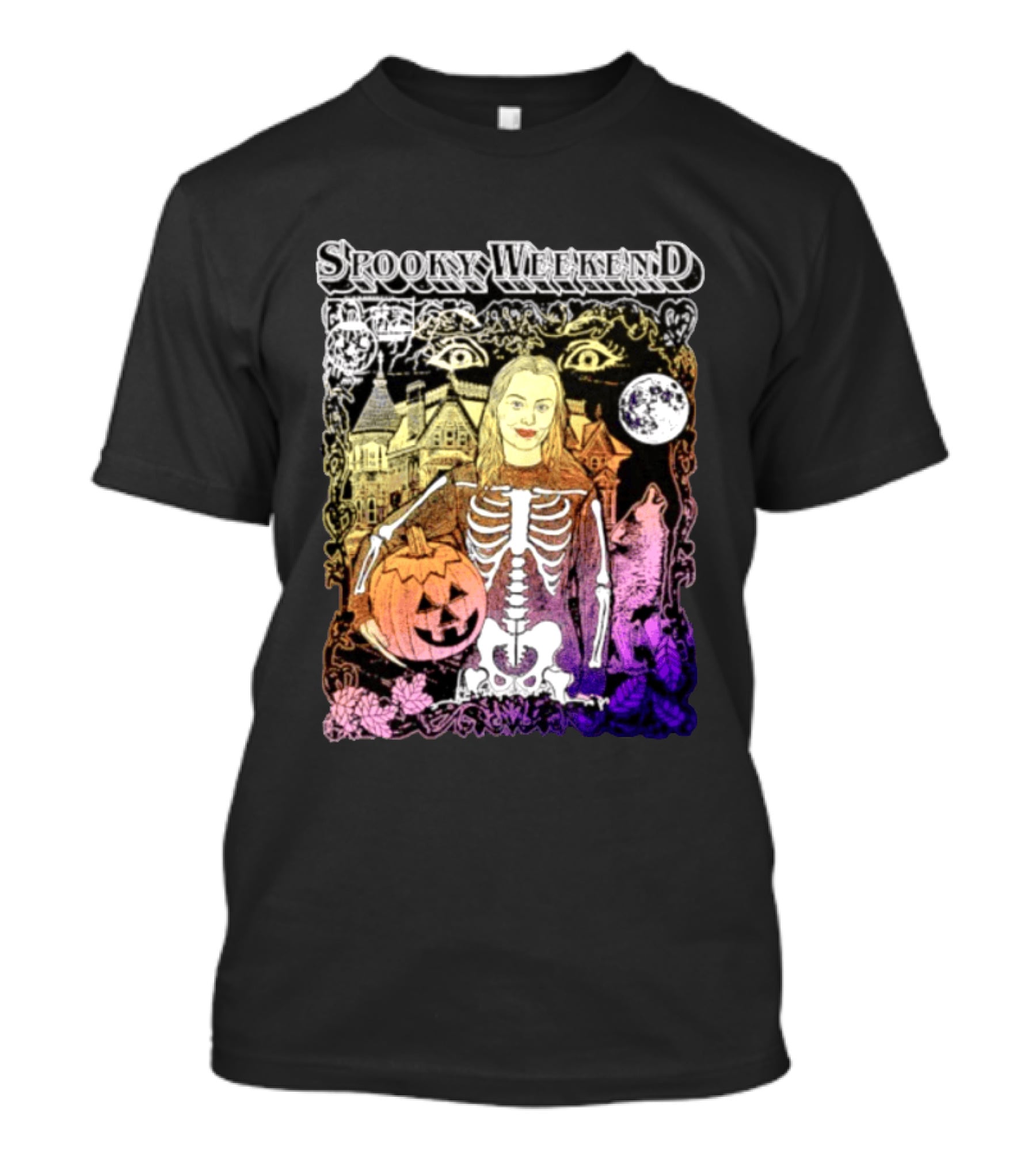 Spooky Weekend Skeleton Pumpkin Haunted House Halloween Magic Moonlit Night T-Shirt