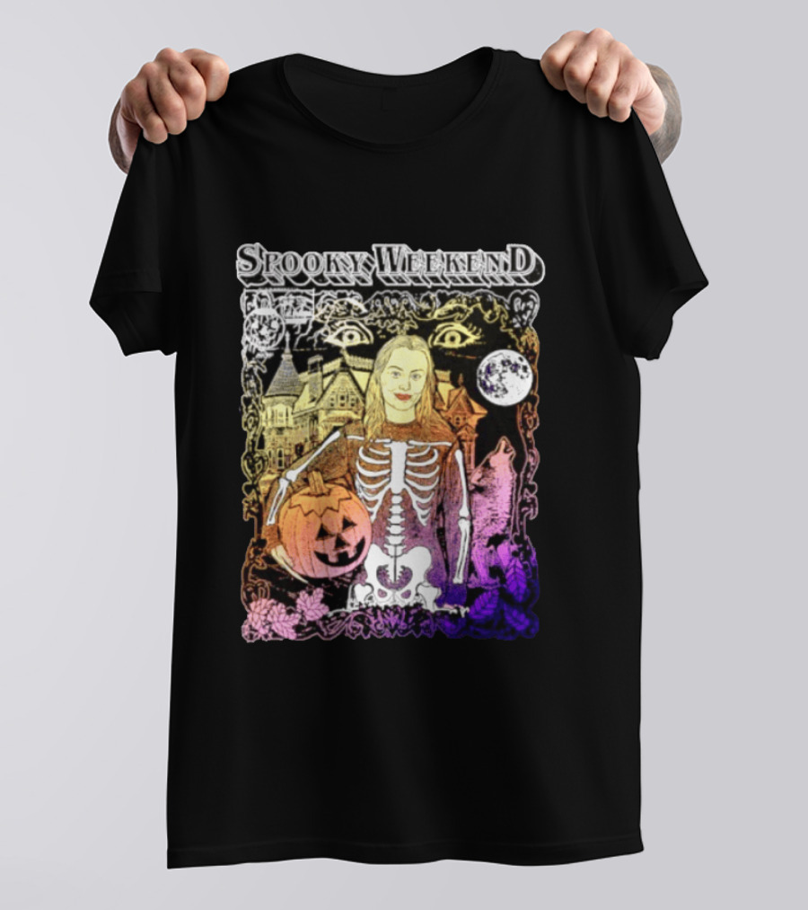 Spooky Weekend Skeleton Pumpkin Haunted House Halloween Magic Moonlit Night T-Shirt
