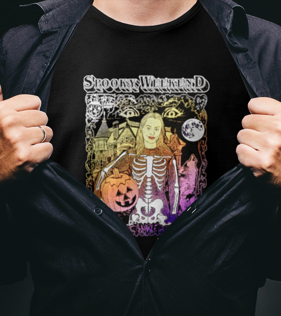 Spooky Weekend Skeleton Pumpkin Haunted House Halloween Magic Moonlit Night T-Shirt