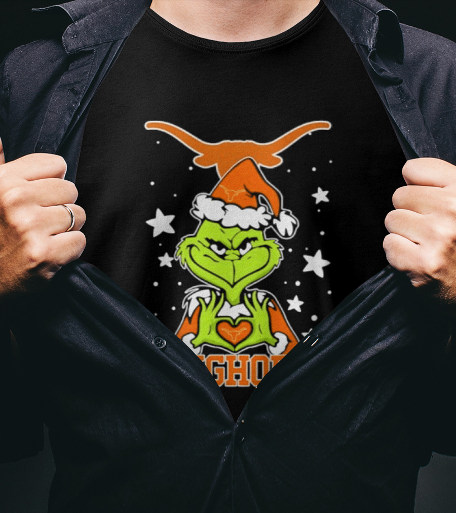 Texas Longhorns Grinch Christmas Love Hands Football 2026 T-Shirt