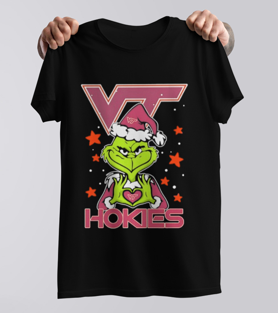 Virginia Tech Hokies Grinch Christmas Love Hands Football 2026 T-Shirt