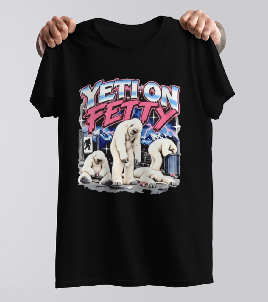 Yeti On Fetty Bigfoot Snowy Mountain Scene T-Shirt