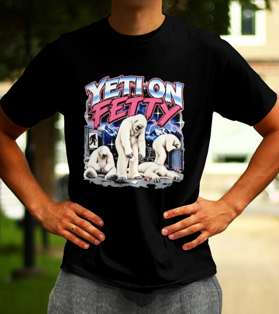Yeti On Fetty Bigfoot Snowy Mountain Scene T-Shirt