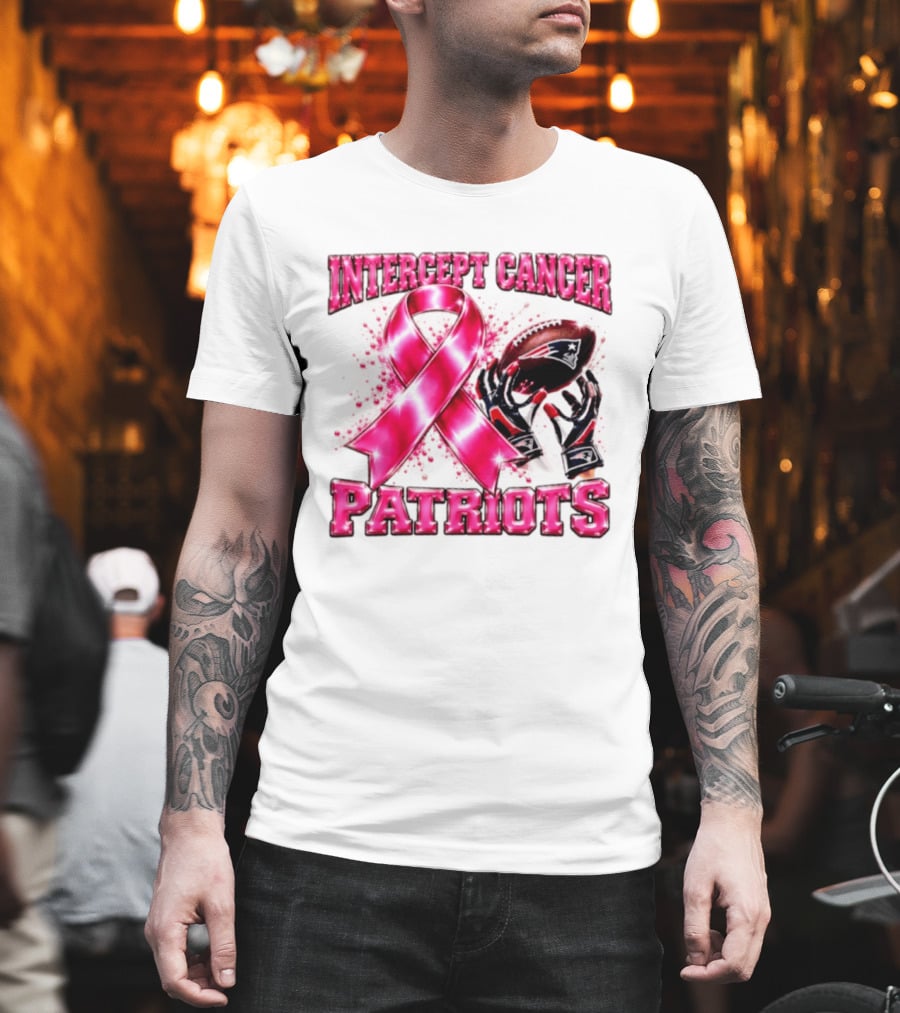 Intercept Cancer New England Patriots 2026 Football Gloves Pink Ribbon Awareness T-Shirt