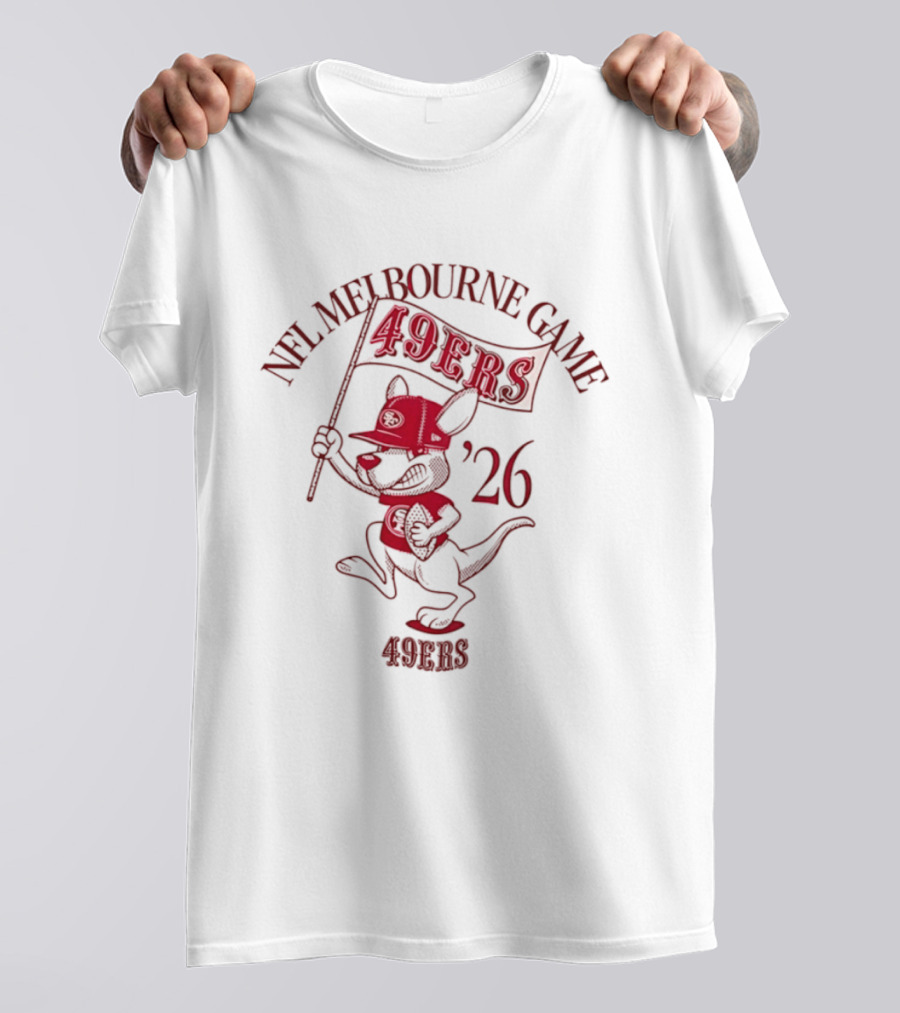 San Francisco 49ers Melbourne Game 2026 Kangaroo In 49ers Gear Holding Flag T-Shirt