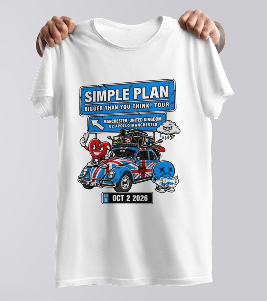 Simple Plan Bigger Than You Think Tour Manchester O2 Apollo Oct 2 2026 Car And Characters T-Shirt