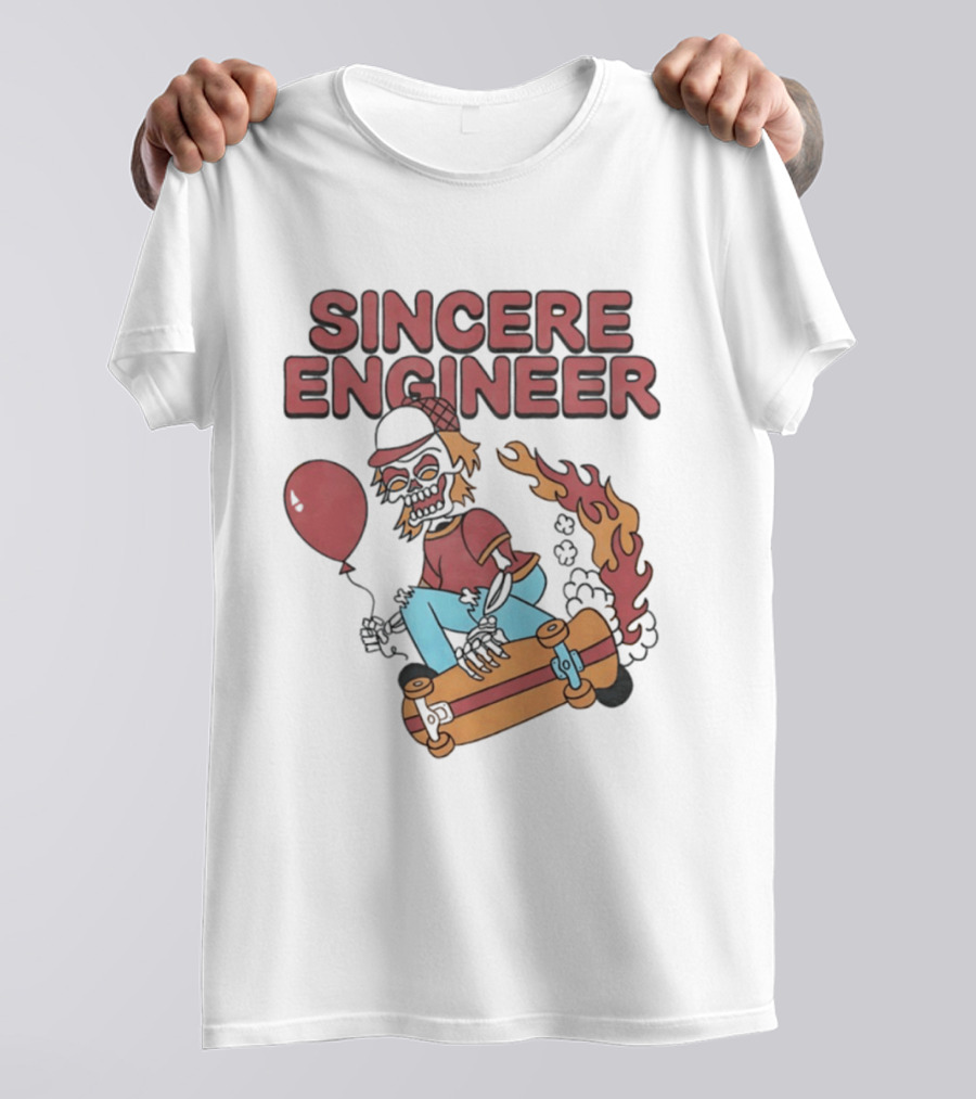Sincere Engineer Skeleton Skateboarder With Balloon And Flaming Wheels T-Shirt