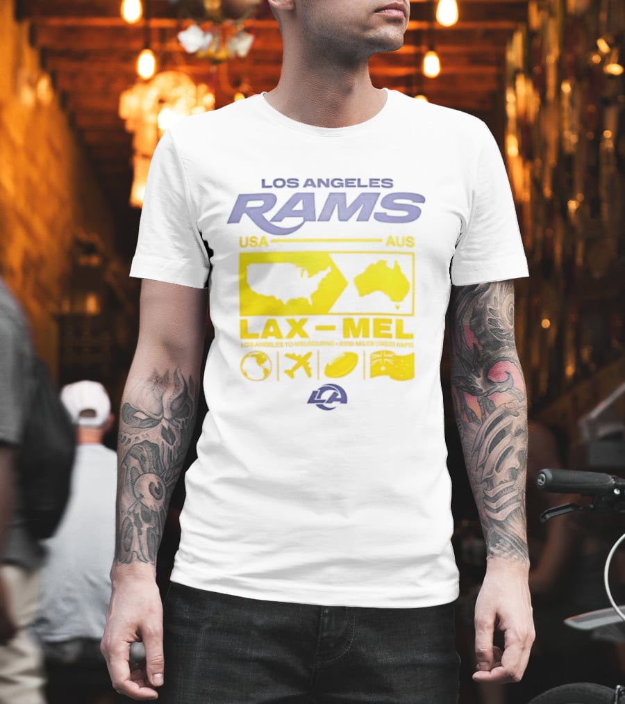 Los Angeles Rams LAX To MEL 2026 USA To Australia Football Journey T-Shirt