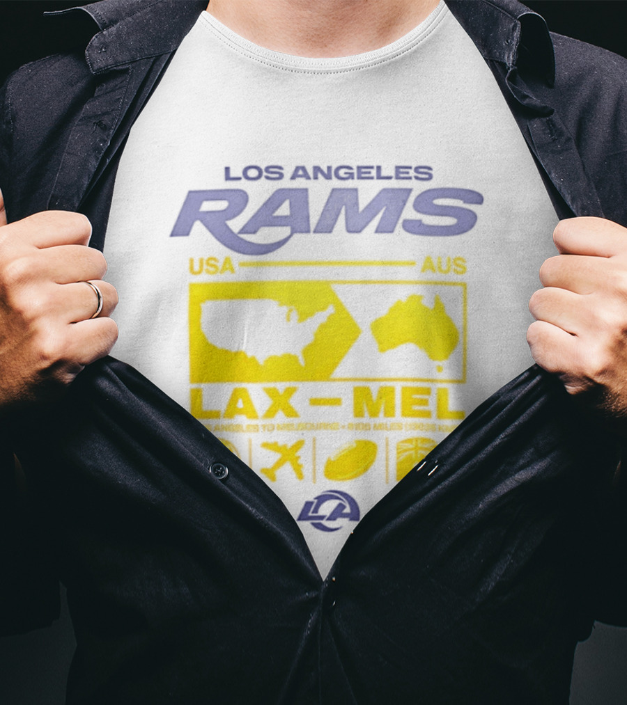 Los Angeles Rams LAX To MEL 2026 USA To Australia Football Journey T-Shirt