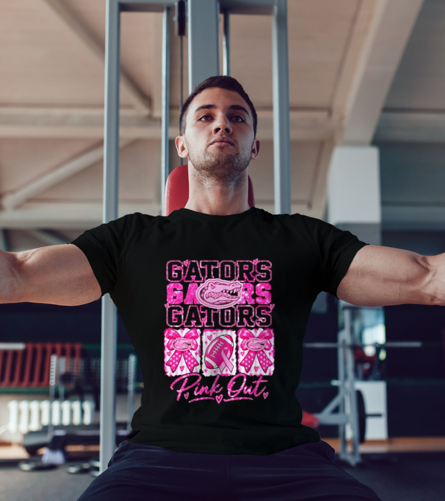 Gators Pink Out Breast Cancer Awareness Game Day Bow Ribbon Football T-Shirt
