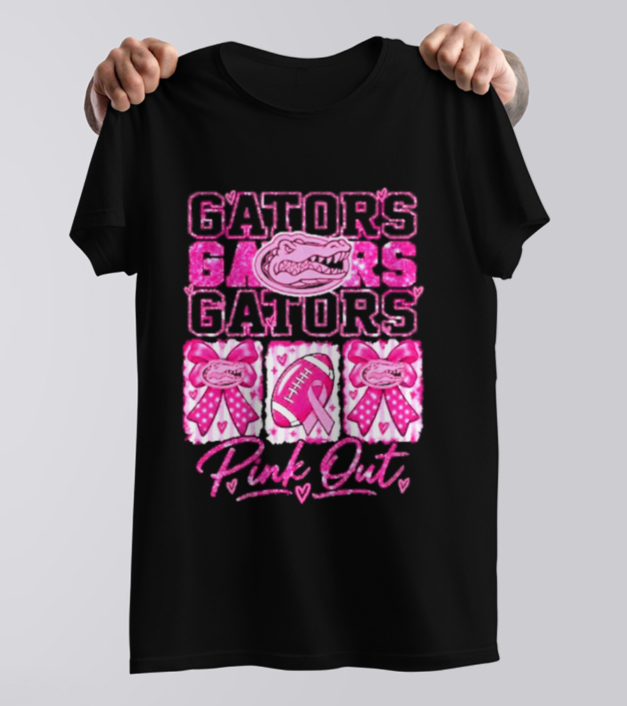 Gators Pink Out Breast Cancer Awareness Game Day Bow Ribbon Football T-Shirt