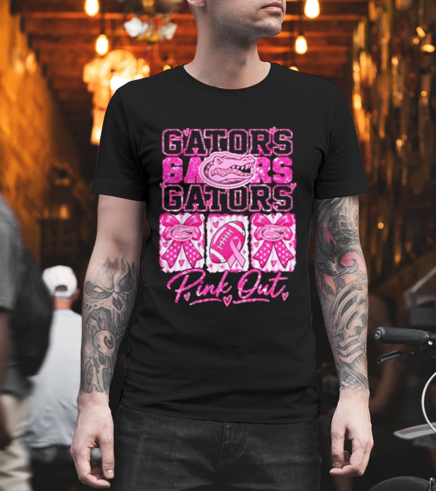 Gators Pink Out Breast Cancer Awareness Game Day Bow Ribbon Football T-Shirt