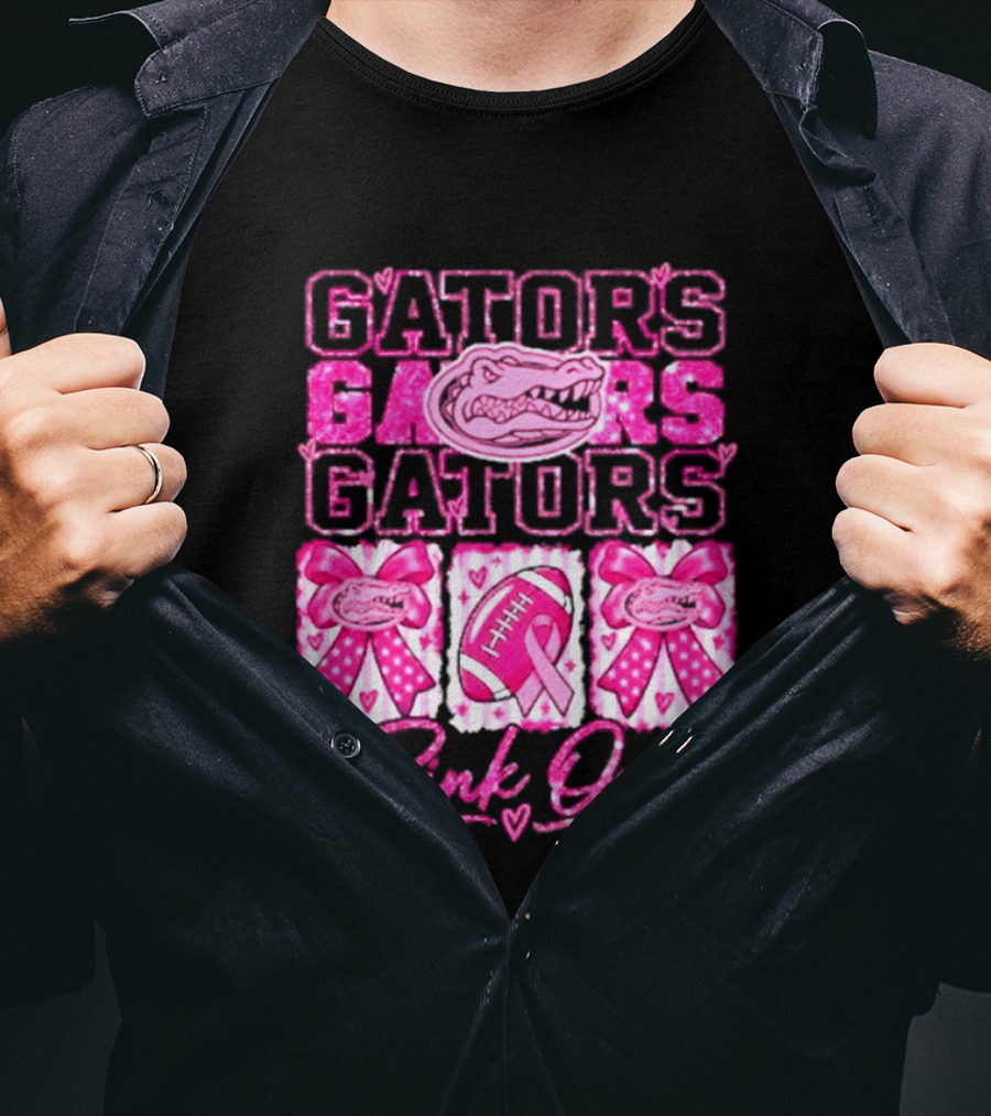 Gators Pink Out Breast Cancer Awareness Game Day Bow Ribbon Football T-Shirt