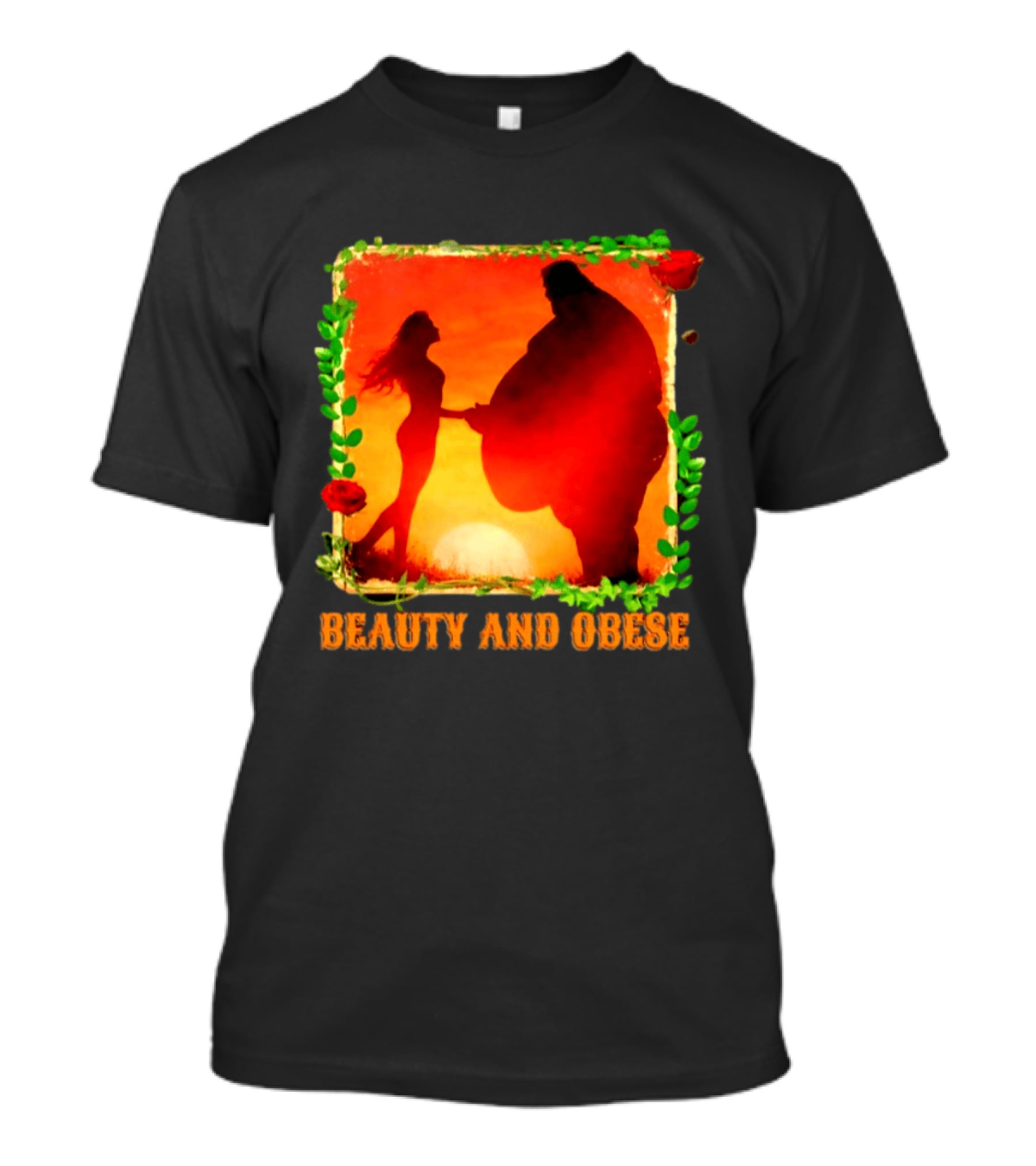 Beauty And Obese Romantic Satire With Sunset Silhouette And Roses T-Shirt