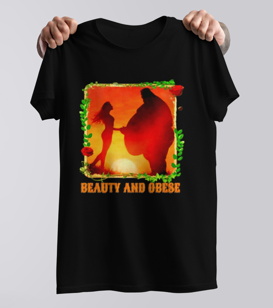 Beauty And Obese Romantic Satire With Sunset Silhouette And Roses T-Shirt