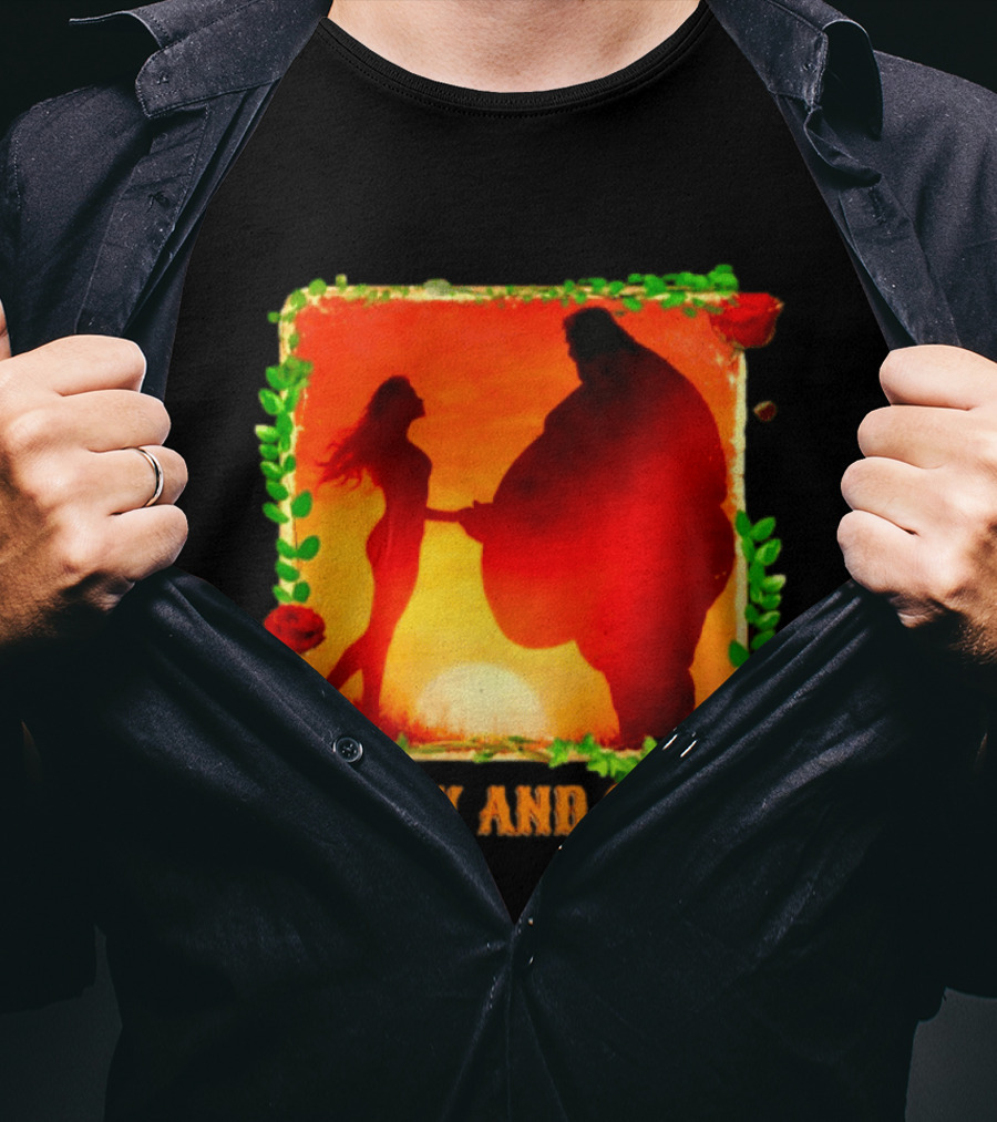 Beauty And Obese Romantic Satire With Sunset Silhouette And Roses T-Shirt