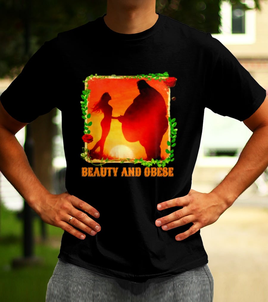 Beauty And Obese Romantic Satire With Sunset Silhouette And Roses T-Shirt