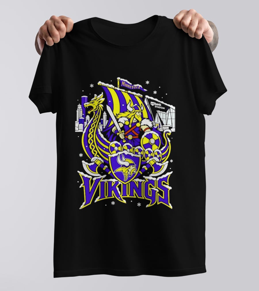 Minnesota Vikings Ship US Bank Stadium Winter City Skyline T-Shirt