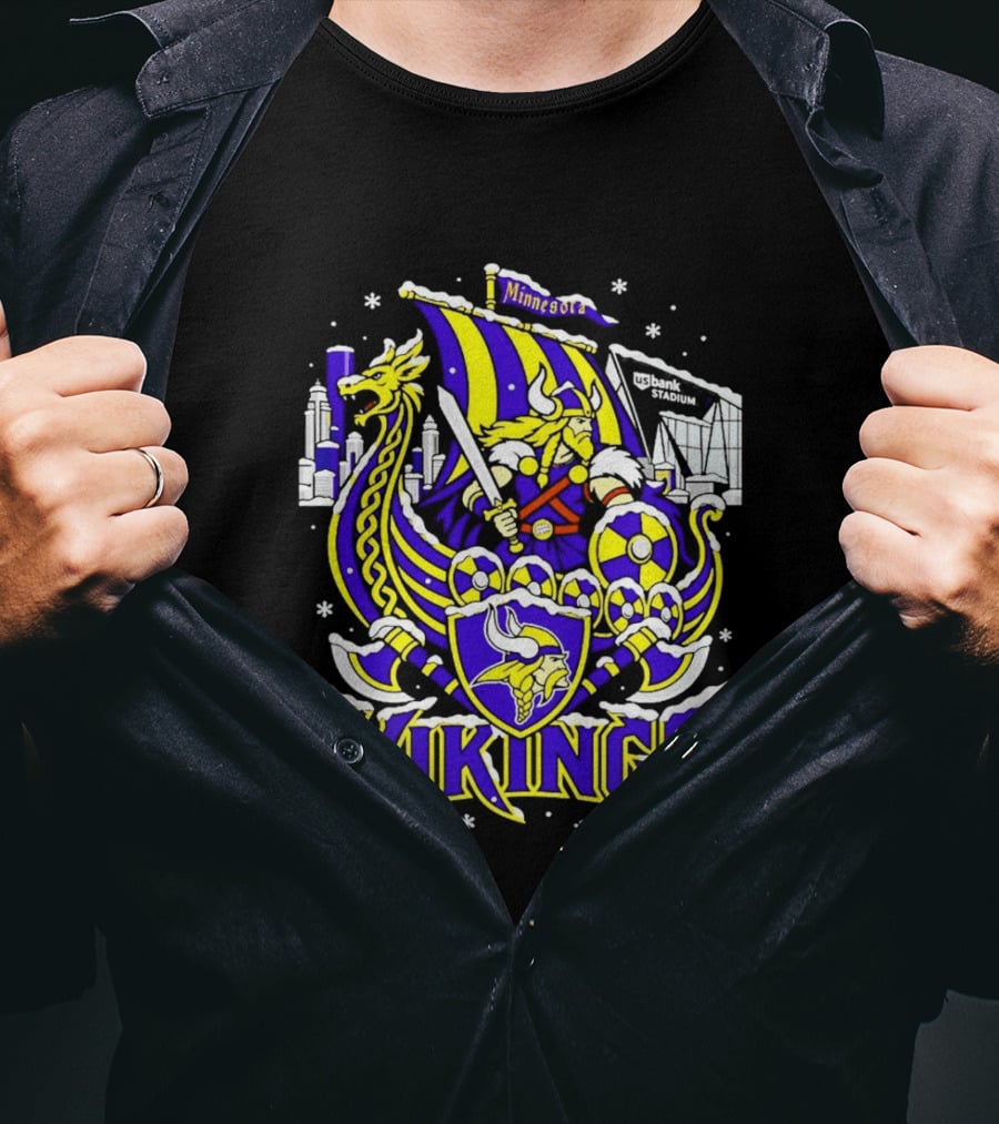 Minnesota Vikings Ship US Bank Stadium Winter City Skyline T-Shirt