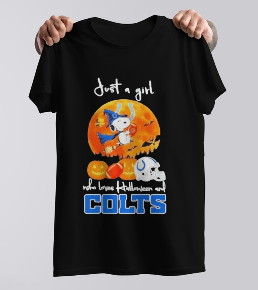 Just A Girl Who Loves Halloween And Colts Snoopy Woodstock Collaboration T-Shirt