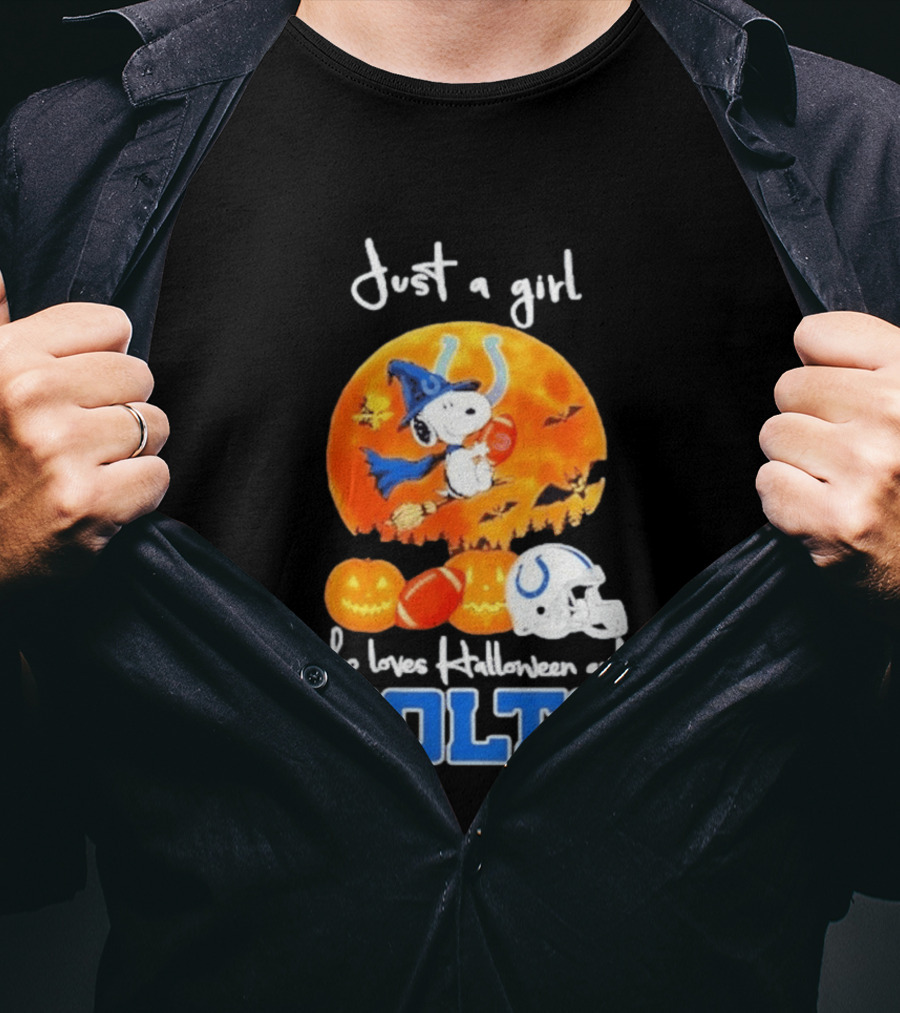 Just A Girl Who Loves Halloween And Colts Snoopy Woodstock Collaboration T-Shirt