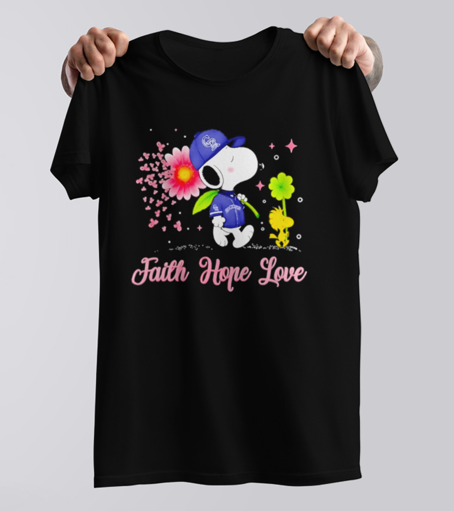 Colorado Rockies Snoopy Faith Hope Love Breast Cancer Awareness 2026 T-Shirt
