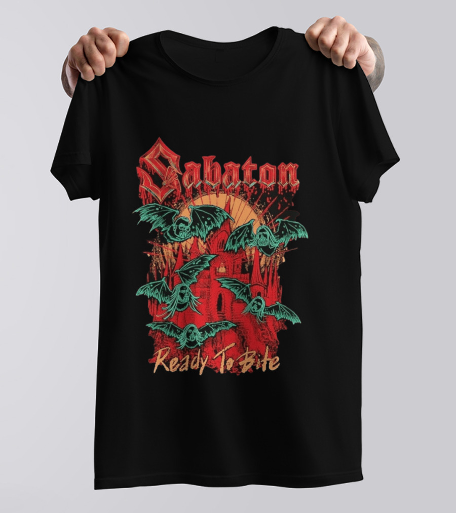 Sabaton Ready To Bite Halloween Spooky Bats Castle Scene T-Shirt