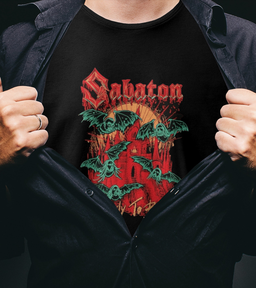 Sabaton Ready To Bite Halloween Spooky Bats Castle Scene T-Shirt