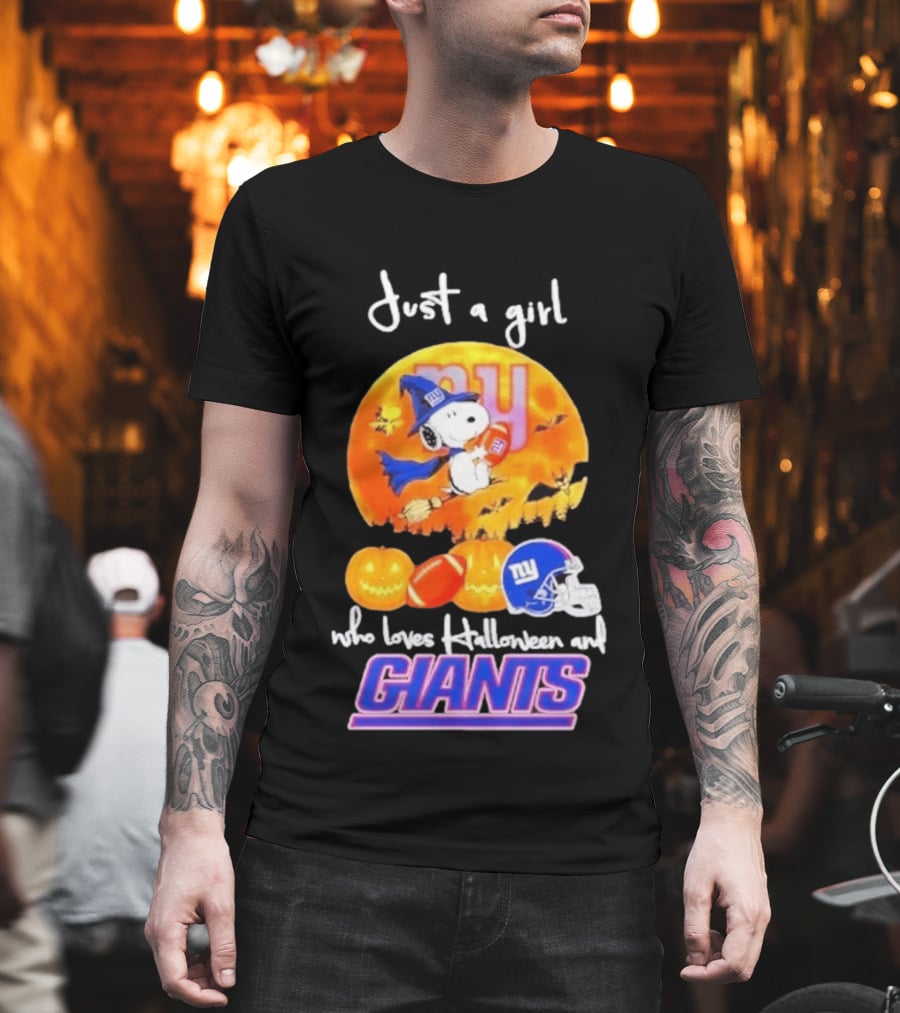 Just A Girl Who Loves Halloween New York Giants Snoopy Woodstock T-Shirt