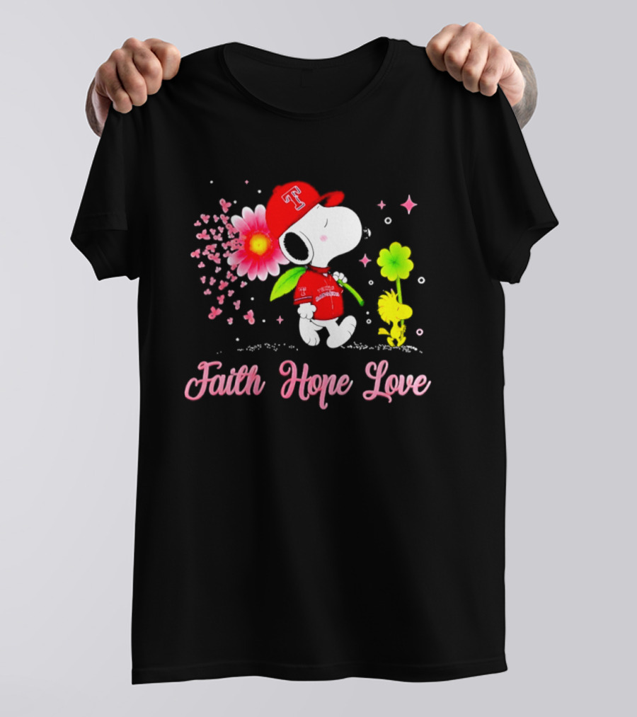 Texas Rangers Snoopy Faith Hope Love Breast Cancer Awareness 2026 T-Shirt