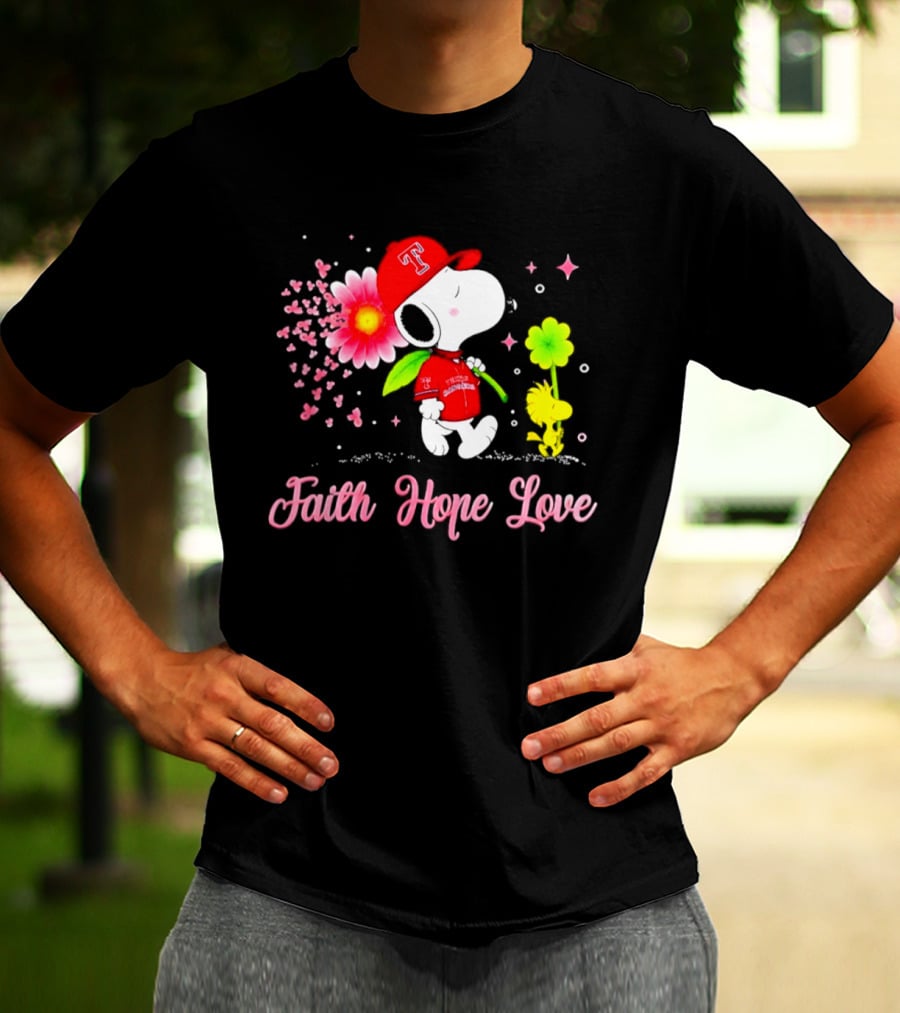 Texas Rangers Snoopy Faith Hope Love Breast Cancer Awareness 2026 T-Shirt