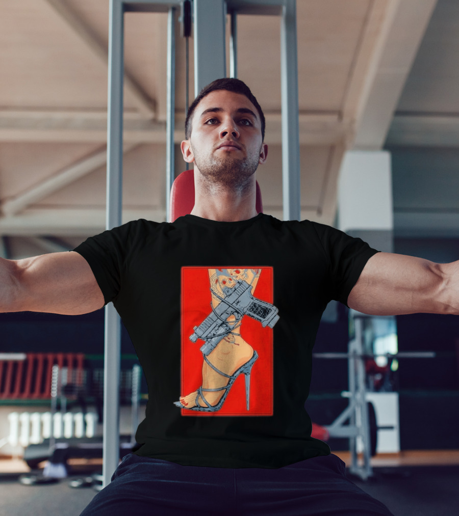 High Heel Stiletto With Gun And Tattoo Art On Red T-Shirt