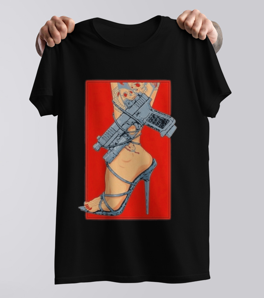 High Heel Stiletto With Gun And Tattoo Art On Red T-Shirt
