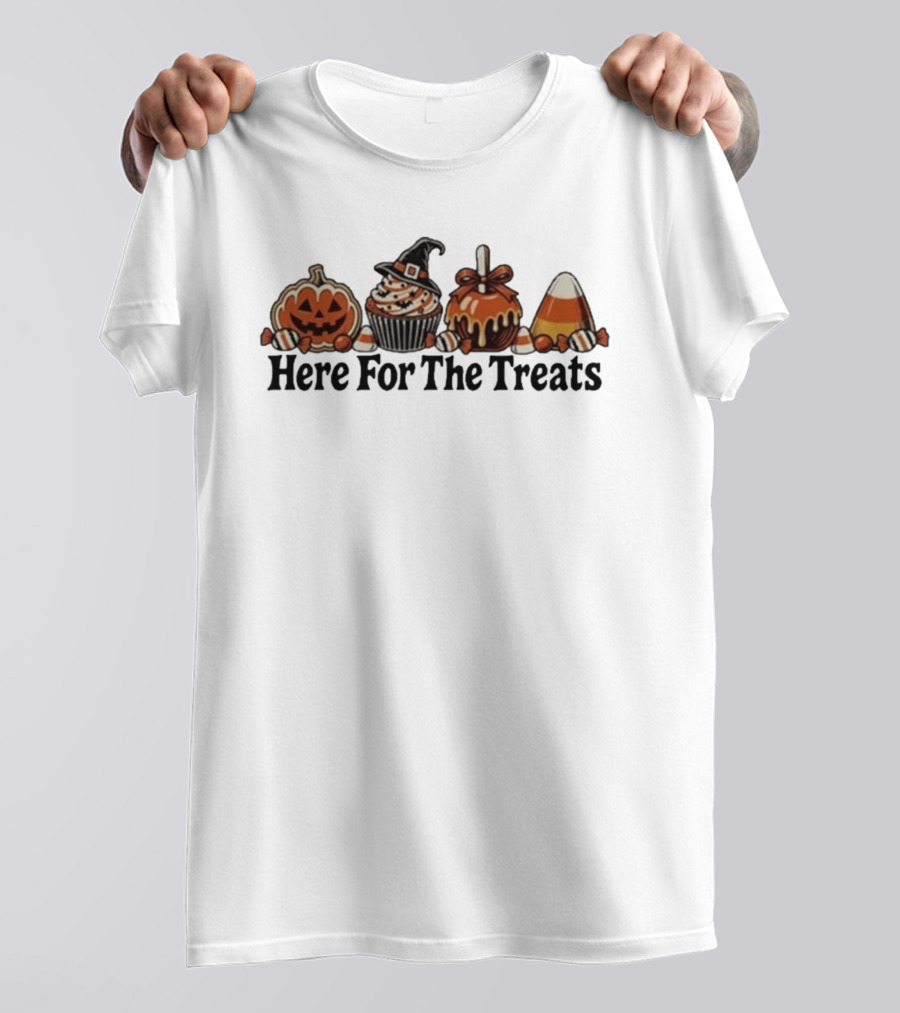 Here For The Treats Halloween Jack O Lantern Cupcake Candy T-Shirt